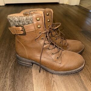 Brown Lace-Up Ankle Boots with Knit Cuff